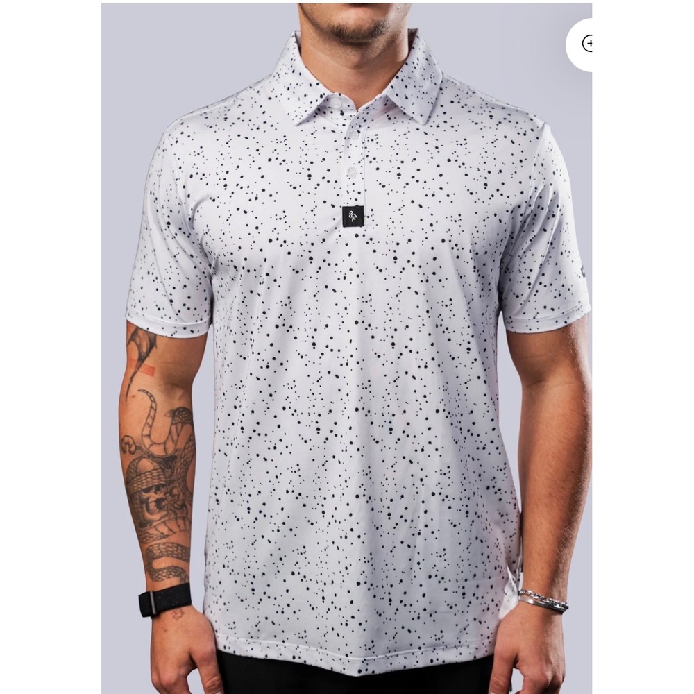 BYRDGANG Cosmic Splatter‎ Print Golf Polo Men XL White Black Performance Shirt